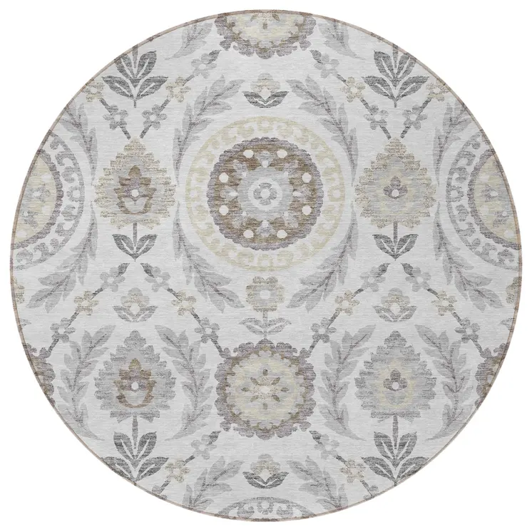 8' Silver Gray And Taupe Round Floral Washable Indoor Outdoor Area Rug