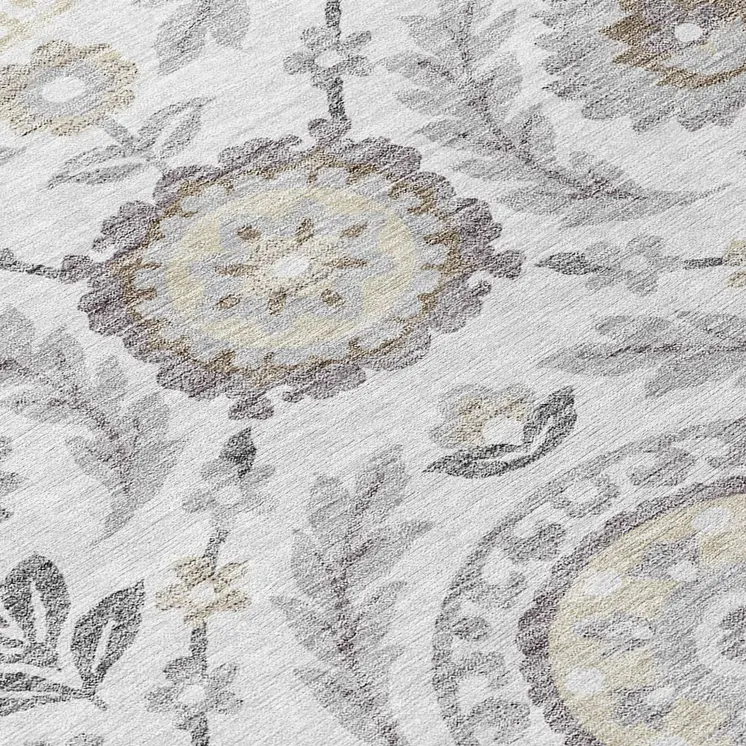 8' Silver Gray And Taupe Round Floral Washable Indoor Outdoor Area Rug