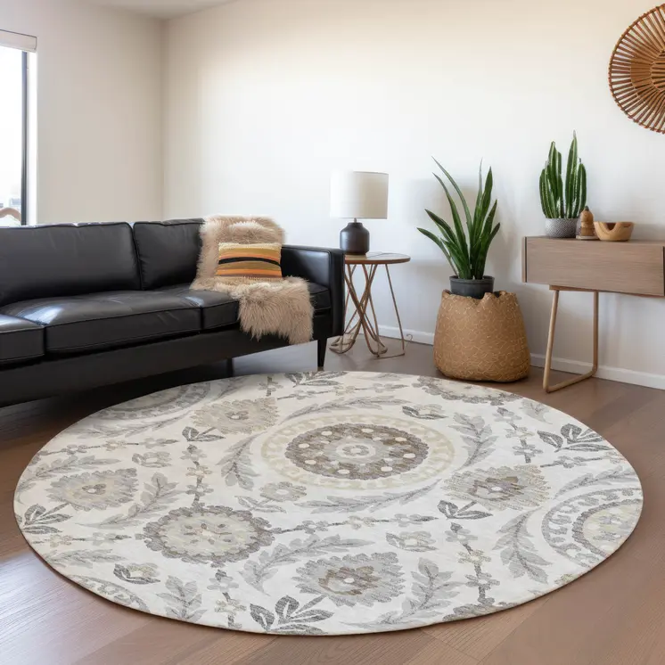 8' Silver Gray And Taupe Round Floral Washable Indoor Outdoor Area Rug