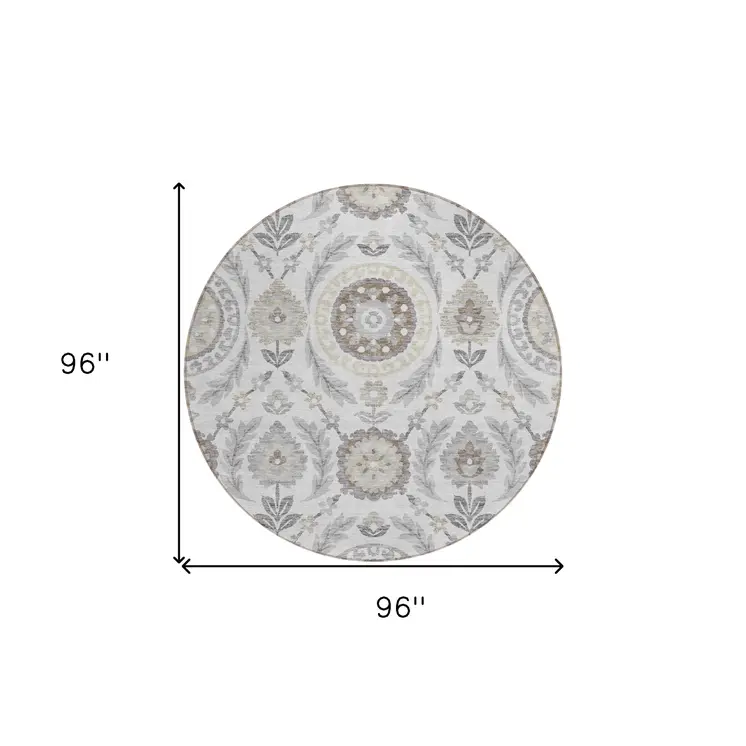 8' Silver Gray And Taupe Round Floral Washable Indoor Outdoor Area Rug
