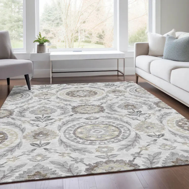 9' X 12' Silver Gray And Taupe Floral Washable Indoor Outdoor Area Rug