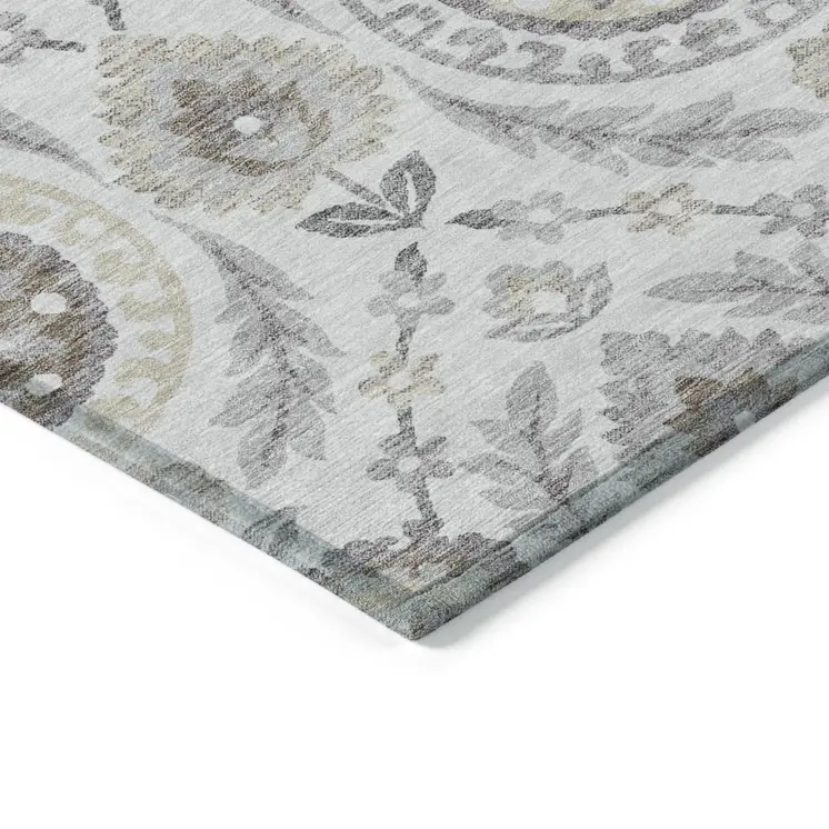 10' X 14' Silver Gray And Taupe Floral Washable Indoor Outdoor Area Rug