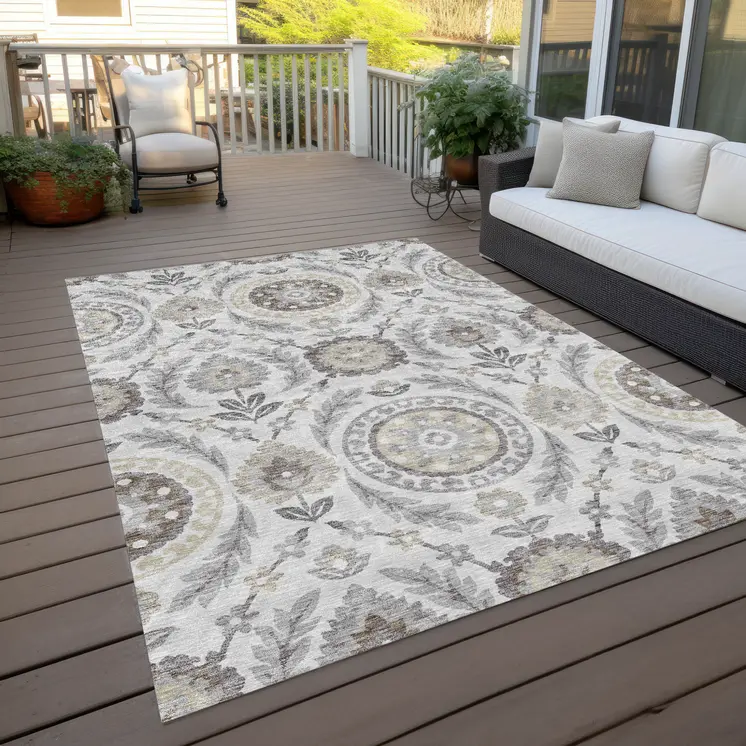 10' X 14' Silver Gray And Taupe Floral Washable Indoor Outdoor Area Rug
