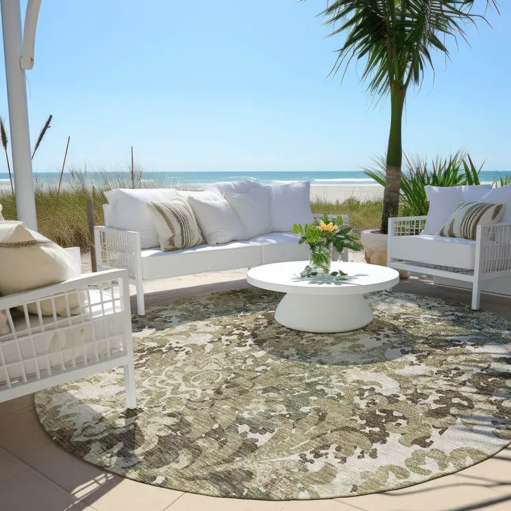8' Beige Taupe And Brown Round Floral Washable Indoor Outdoor Area Rug