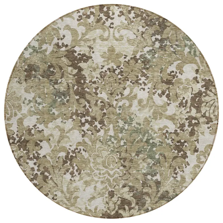 8' Beige Taupe And Brown Round Floral Washable Indoor Outdoor Area Rug