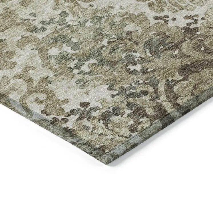 8' Beige Taupe And Brown Round Floral Washable Indoor Outdoor Area Rug