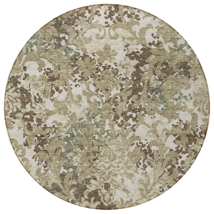 8' Beige Taupe And Brown Round Floral Washable Indoor Outdoor Area Rug