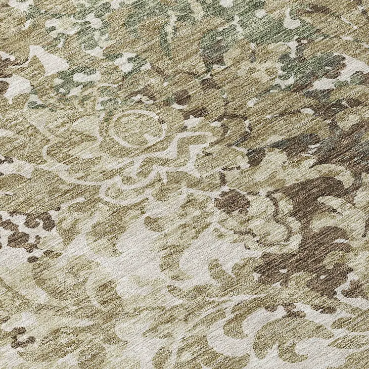 8' Beige Taupe And Brown Round Floral Washable Indoor Outdoor Area Rug