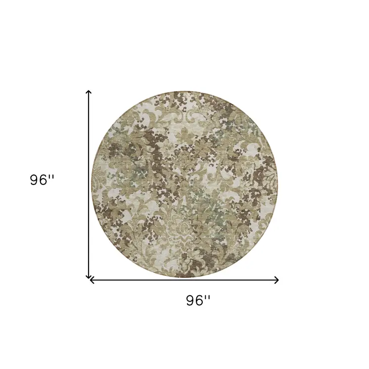 8' Beige Taupe And Brown Round Floral Washable Indoor Outdoor Area Rug