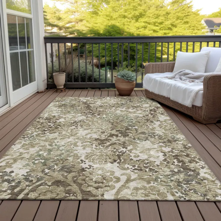 9' X 12' Beige Taupe And Brown Floral Washable Indoor Outdoor Area Rug