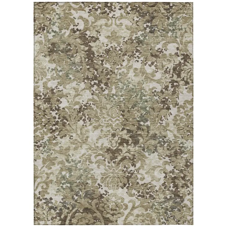 9' X 12' Beige Taupe And Brown Floral Washable Indoor Outdoor Area Rug