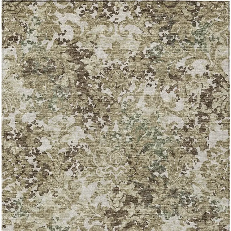 9' X 12' Beige Taupe And Brown Floral Washable Indoor Outdoor Area Rug
