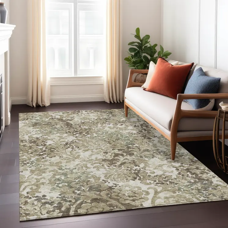 9' X 12' Beige Taupe And Brown Floral Washable Indoor Outdoor Area Rug