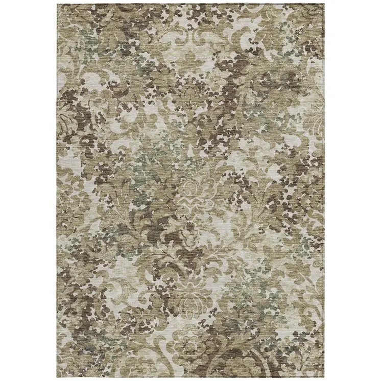 10' X 14' Beige Taupe And Brown Floral Washable Indoor Outdoor Area Rug
