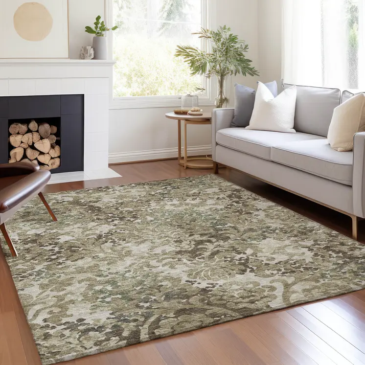 10' X 14' Beige Taupe And Brown Floral Washable Indoor Outdoor Area Rug