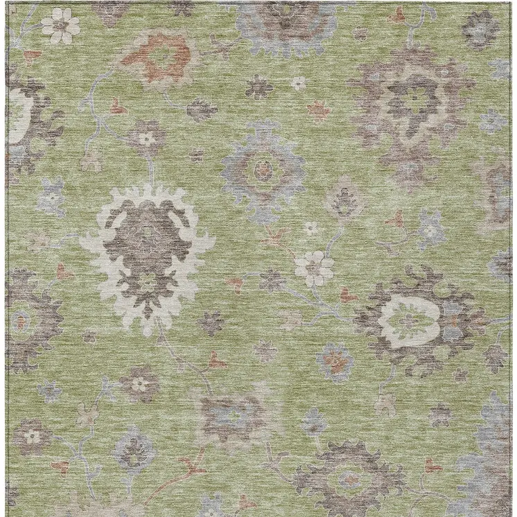 3' X 5' Artichoke Green And Beige Floral Washable Indoor Outdoor Area Rug