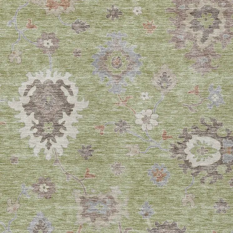 5' X 8' Artichoke Green And Beige Floral Washable Indoor Outdoor Area Rug