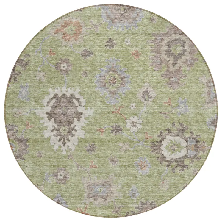8' Artichoke Green And Beige Round Floral Washable Indoor Outdoor Area Rug