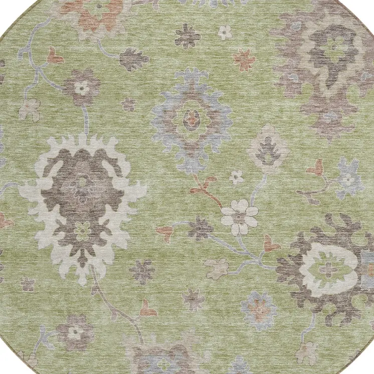 8' Artichoke Green And Beige Round Floral Washable Indoor Outdoor Area Rug