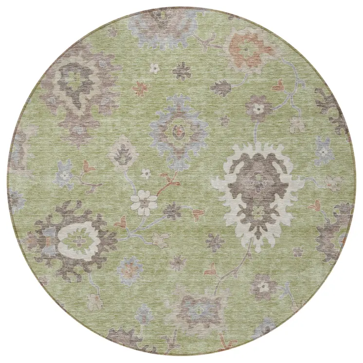 8' Artichoke Green And Beige Round Floral Washable Indoor Outdoor Area Rug