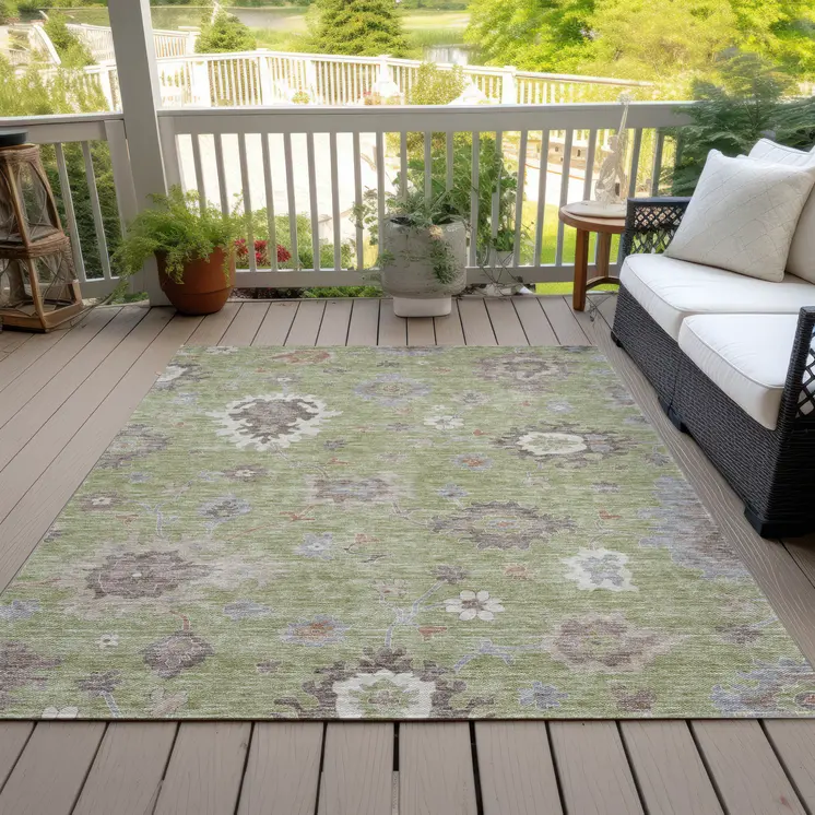 8' X 10' Artichoke Green And Beige Floral Washable Indoor Outdoor Area Rug
