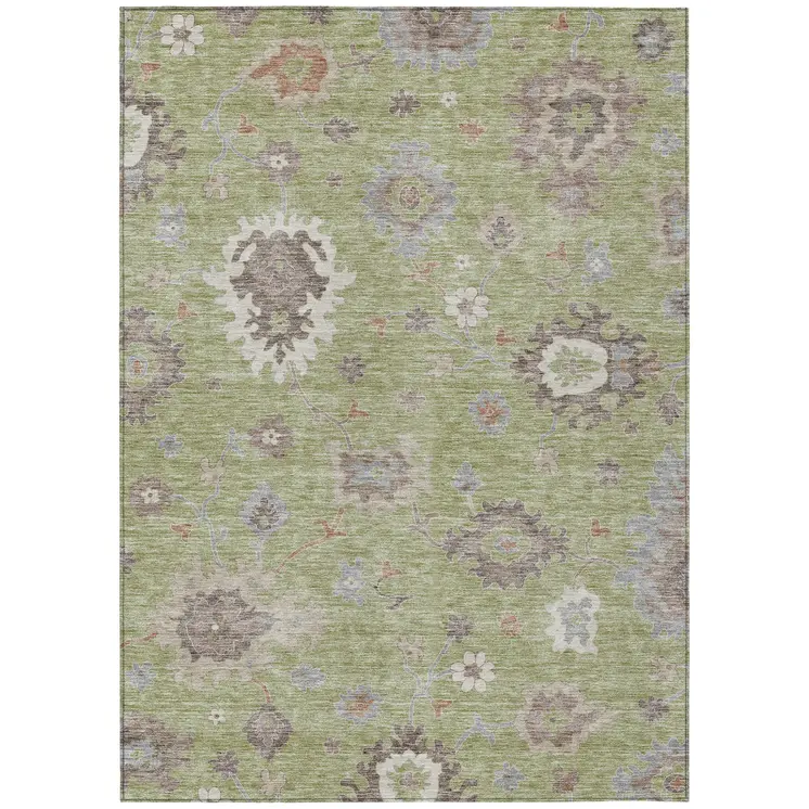 8' X 10' Artichoke Green And Beige Floral Washable Indoor Outdoor Area Rug