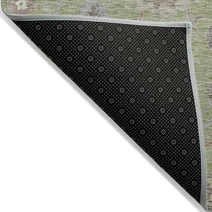 8' X 10' Artichoke Green And Beige Floral Washable Indoor Outdoor Area Rug