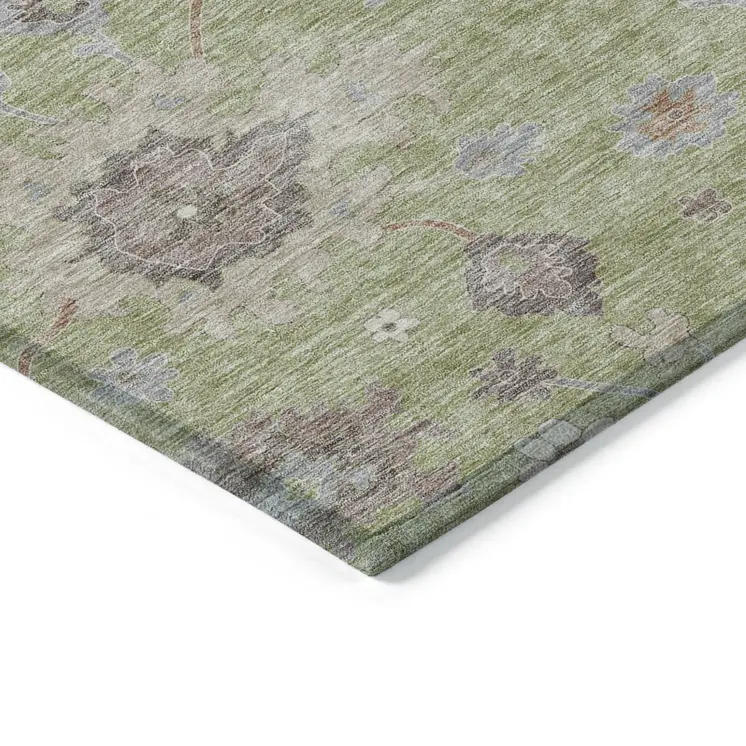 8' X 10' Artichoke Green And Beige Floral Washable Indoor Outdoor Area Rug