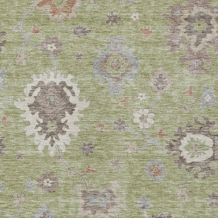 8' X 10' Artichoke Green And Beige Floral Washable Indoor Outdoor Area Rug