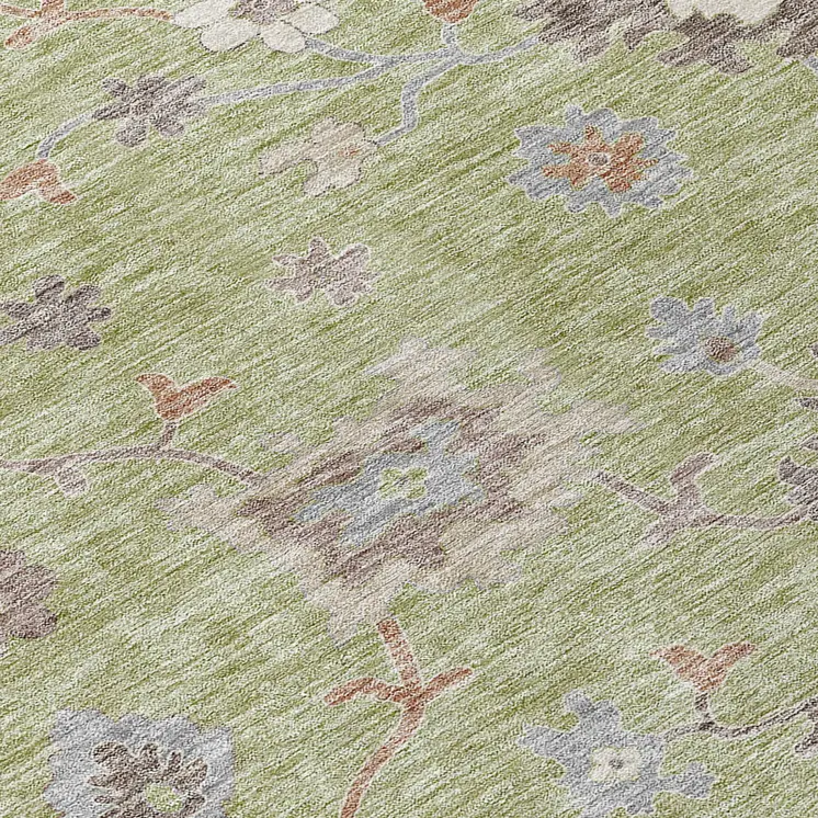 8' X 10' Artichoke Green And Beige Floral Washable Indoor Outdoor Area Rug