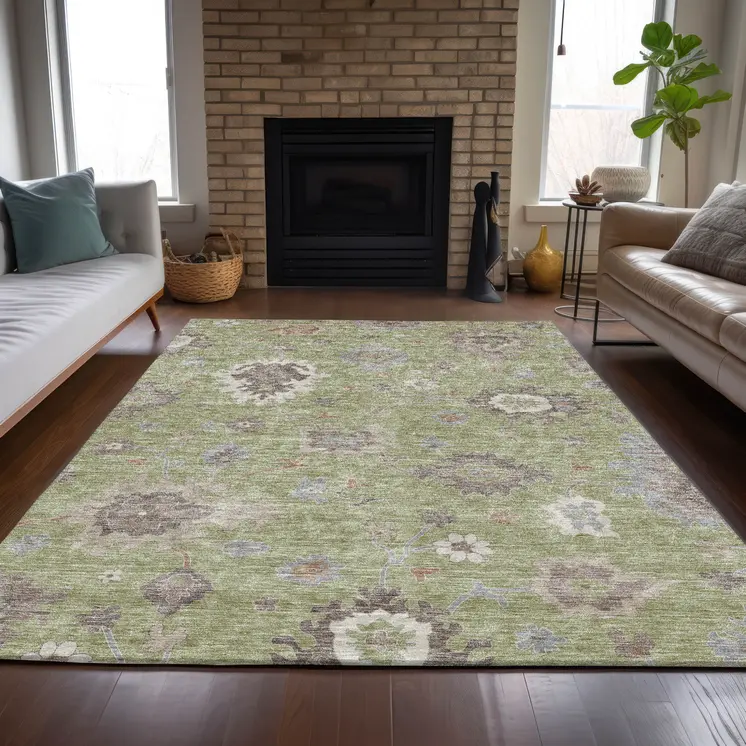8' X 10' Artichoke Green And Beige Floral Washable Indoor Outdoor Area Rug