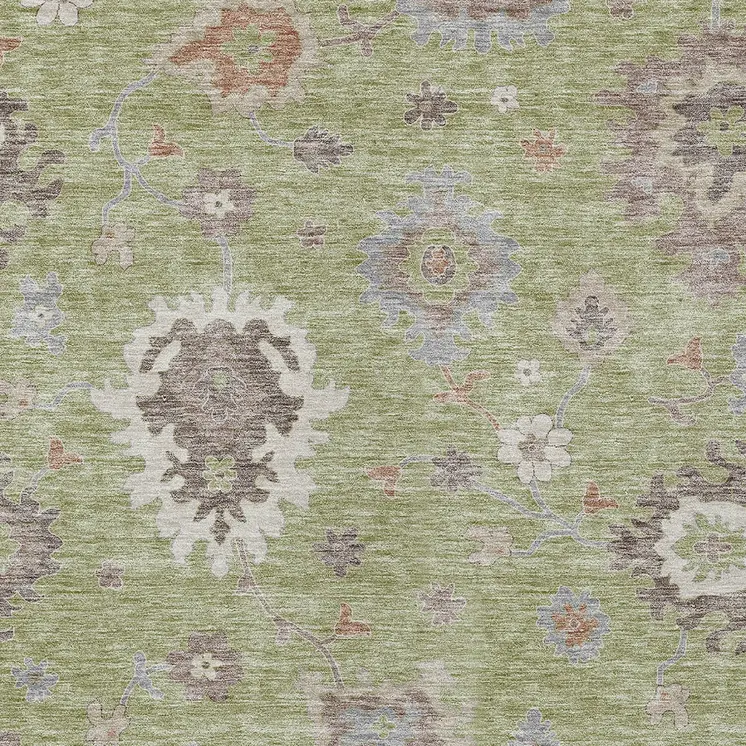 9' X 12' Artichoke Green And Beige Floral Washable Indoor Outdoor Area Rug