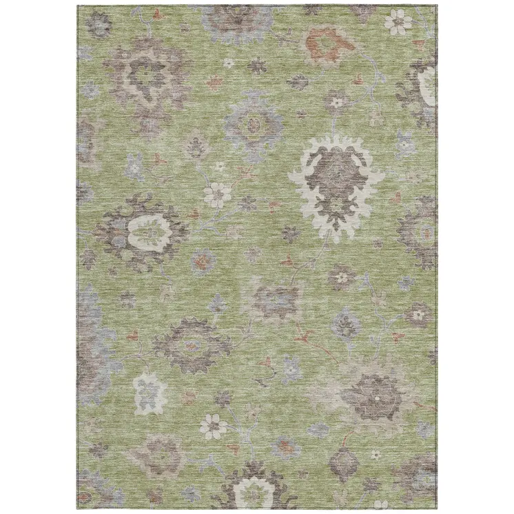 10' X 14' Artichoke Green And Beige Floral Washable Indoor Outdoor Area Rug