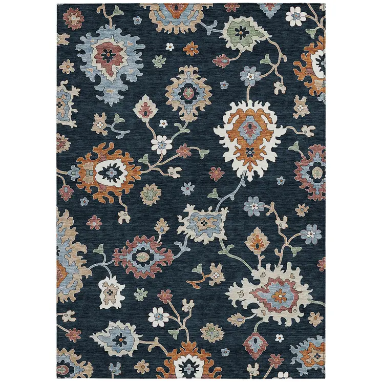 5' X 8' Black Blue And Ivory Floral Washable Indoor Outdoor Area Rug