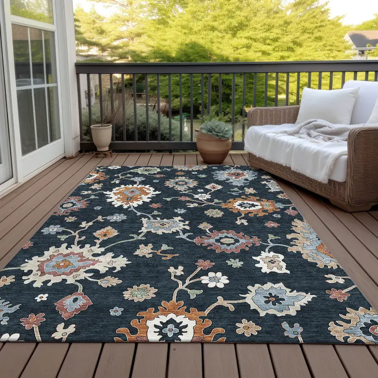 5' X 8' Black Blue And Ivory Floral Washable Indoor Outdoor Area Rug