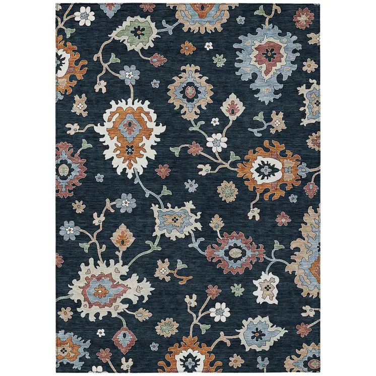 5' X 8' Black Blue And Ivory Floral Washable Indoor Outdoor Area Rug