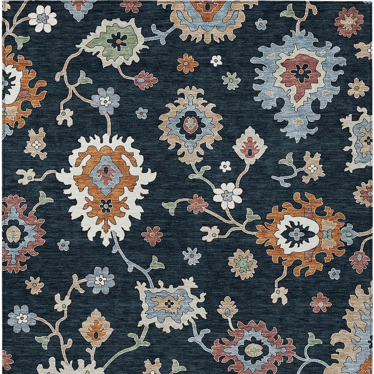 5' X 8' Black Blue And Ivory Floral Washable Indoor Outdoor Area Rug