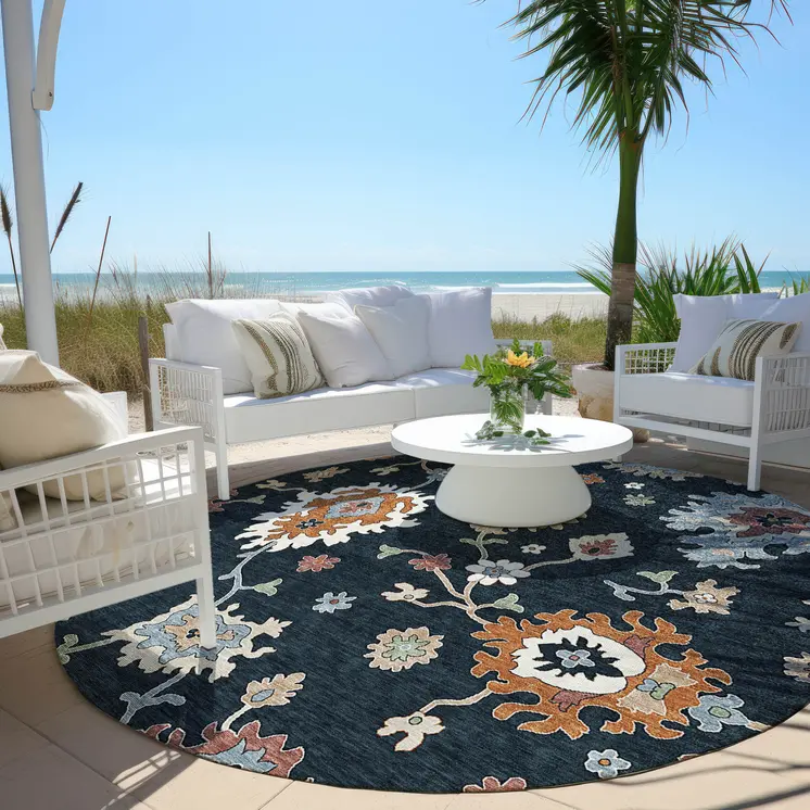 8' Black Blue And Ivory Round Floral Washable Indoor Outdoor Area Rug