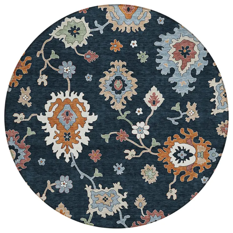 8' Black Blue And Ivory Round Floral Washable Indoor Outdoor Area Rug