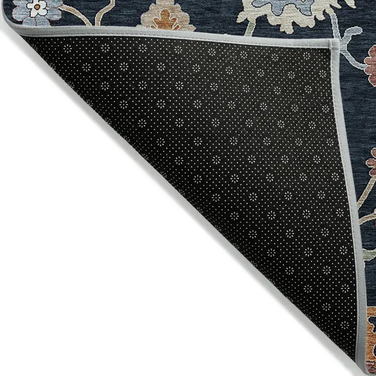 8' Black Blue And Ivory Round Floral Washable Indoor Outdoor Area Rug