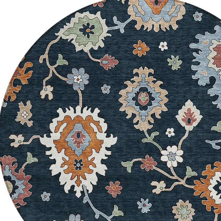 8' Black Blue And Ivory Round Floral Washable Indoor Outdoor Area Rug