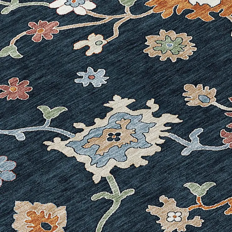 8' Black Blue And Ivory Round Floral Washable Indoor Outdoor Area Rug
