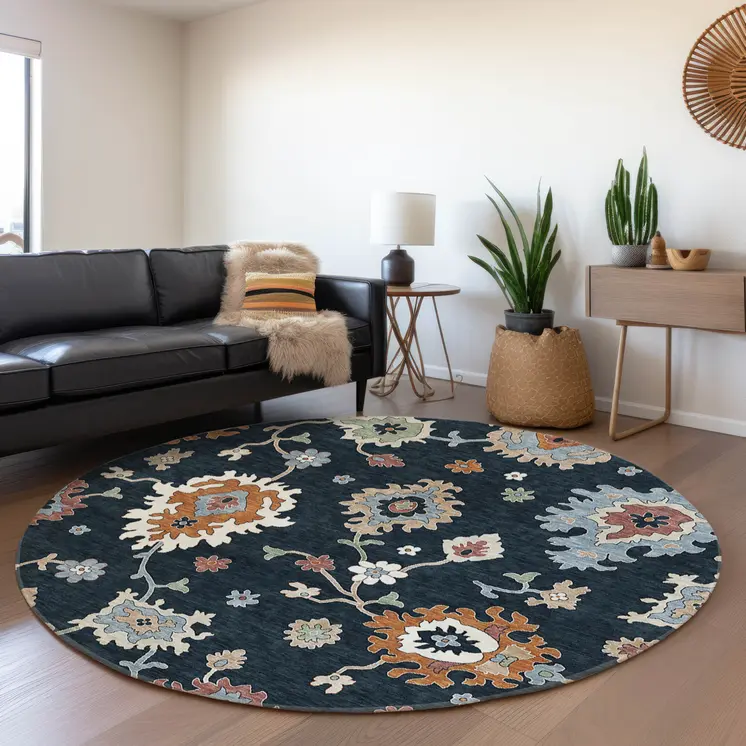 8' Black Blue And Ivory Round Floral Washable Indoor Outdoor Area Rug