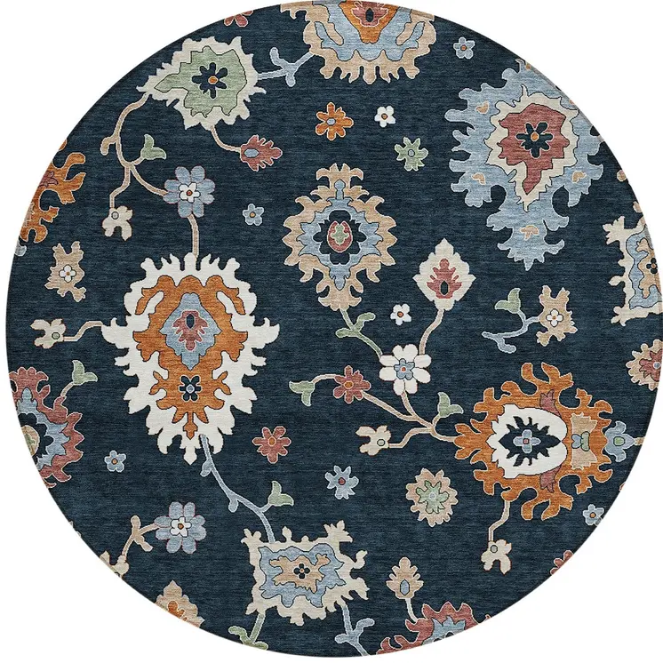 8' Black Blue And Ivory Round Floral Washable Indoor Outdoor Area Rug
