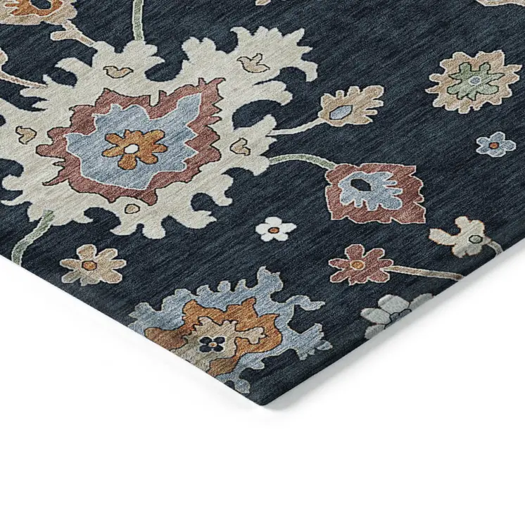 8' X 10' Black Blue And Ivory Floral Washable Indoor Outdoor Area Rug
