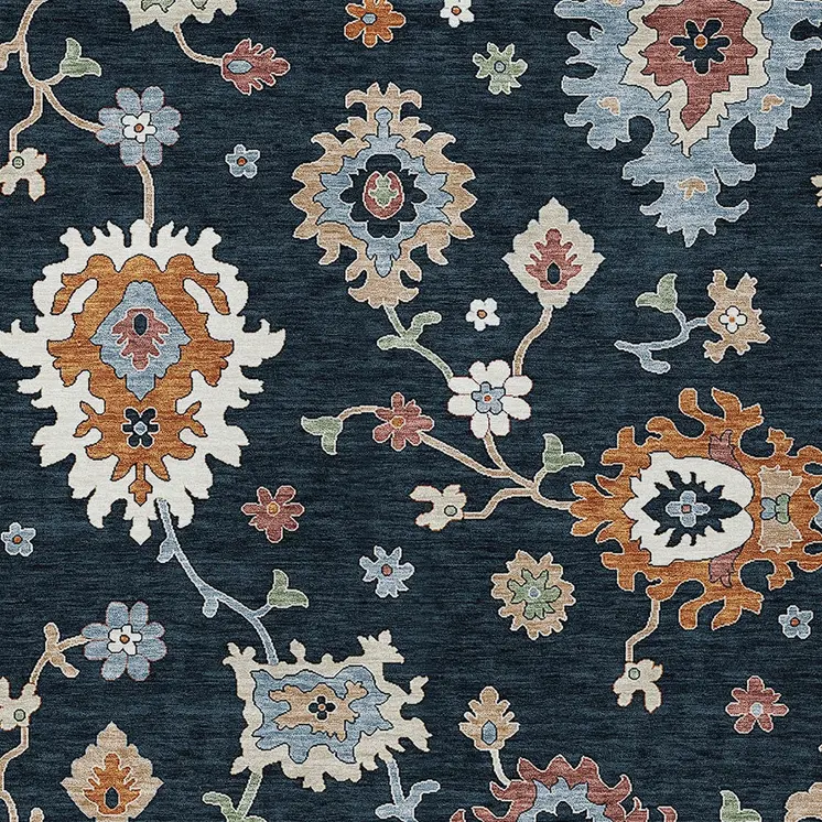 8' X 10' Black Blue And Ivory Floral Washable Indoor Outdoor Area Rug