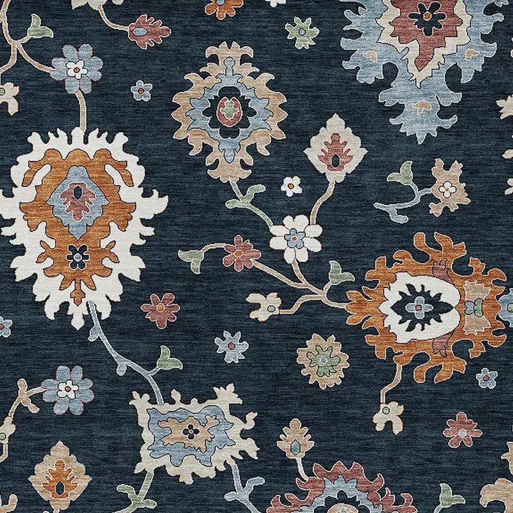 9' X 12' Black Blue And Ivory Floral Washable Indoor Outdoor Area Rug