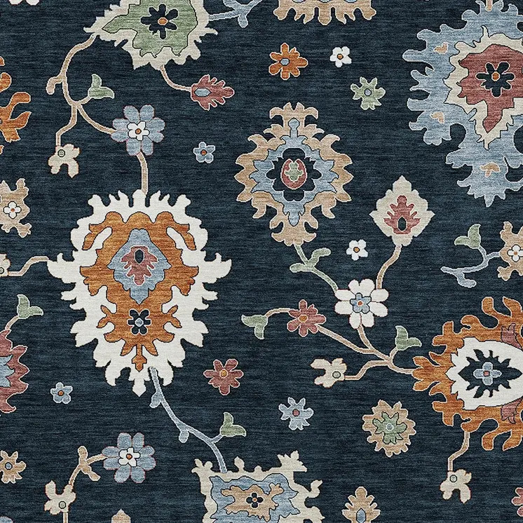 10' X 14' Black Blue And Ivory Floral Washable Indoor Outdoor Area Rug