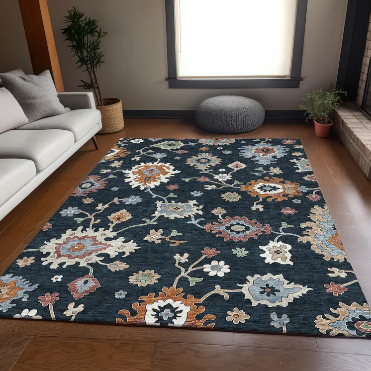 10' X 14' Black Blue And Ivory Floral Washable Indoor Outdoor Area Rug