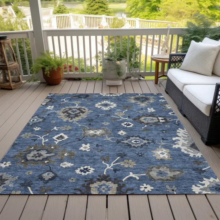 5' X 8' Blue Gray And White Floral Washable Indoor Outdoor Area Rug
